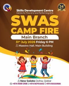 SWAS Camp Fire 2026 event at Skills Development Centre, New Salata, Doha, Qatar.